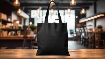 , Realistic black tote canvas fabric bag set-up in at cafe, coffee shop interior, mock up blank. photo