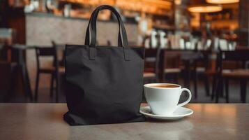 Generative AI, Realistic black tote canvas fabric bag set-up in at cafe, coffee shop interior, mock up blank. photo