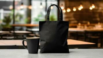 Generative AI, Realistic black tote canvas fabric bag set-up in at cafe, coffee shop interior, mock up blank. photo