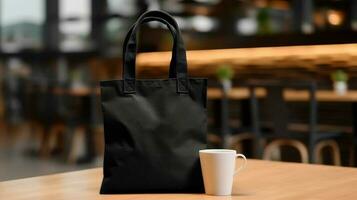 generativo ai, realista negro totalizador lona tela bolso configuración en a cafetería, café tienda interior, burlarse de arriba blanco. foto