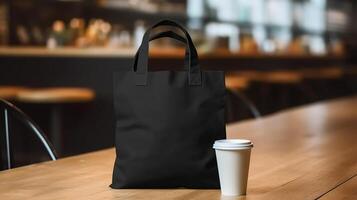 Generative AI, Realistic black tote canvas fabric bag set-up in at cafe, coffee shop interior, mock up blank. photo