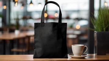 Generative AI, Realistic black tote canvas fabric bag set-up in at cafe, coffee shop interior, mock up blank. photo