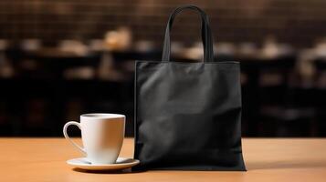 , Realistic black tote canvas fabric bag set-up in at cafe, coffee shop interior, mock up blank. photo