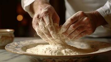 Generative AI, Hands of baker in restaurant or home kitchen, prepares ecologically natural pastries or bread photo