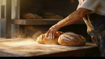 Generative AI, Hands of baker in restaurant or home kitchen, prepares ecologically natural pastries or bread photo