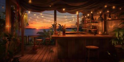 , Tropical summer sunset beach bar background. Outdoor restaurant, Led light candles and wooden tables, chairs under beautiful sunset sky, sea view. photo