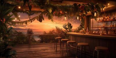 Generative AI, Tropical summer sunset beach bar background. Outdoor restaurant, Led light candles and wooden tables, chairs under beautiful sunset sky, sea view. photo