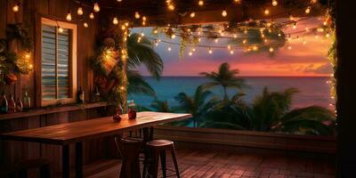 Generative AI, Tropical summer sunset beach bar background. Outdoor restaurant, Led light candles and wooden tables, chairs under beautiful sunset sky, sea view. photo