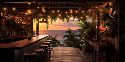 Generative AI, Tropical summer sunset beach bar background. Outdoor restaurant, Led light candles and wooden tables, chairs under beautiful sunset sky, sea view. photo