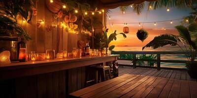 Generative AI, Tropical summer sunset beach bar background. Outdoor restaurant, Led light candles and wooden tables, chairs under beautiful sunset sky, sea view. photo