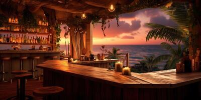 Generative AI, Tropical summer sunset beach bar background. Outdoor restaurant, Led light candles and wooden tables, chairs under beautiful sunset sky, sea view. photo