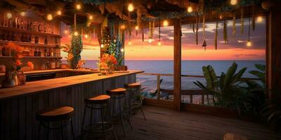 generativo ai, tropical verano puesta de sol playa bar antecedentes. al aire libre restaurante, LED ligero velas y de madera mesas, sillas debajo hermosa puesta de sol cielo, mar vista. foto