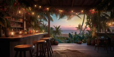 Generative AI, Tropical summer sunset beach bar background. Outdoor restaurant, Led light candles and wooden tables, chairs under beautiful sunset sky, sea view. photo