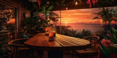 Generative AI, Tropical summer sunset beach bar background. Outdoor restaurant, Led light candles and wooden tables, chairs under beautiful sunset sky, sea view. photo