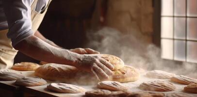 Generative AI, Hands of baker in restaurant or home kitchen, prepares ecologically natural pastries photo