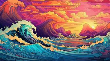 Generative AI, tropical beach in the sunset linear illustration, psychedelic manga style, highly detailed. Anime colorful style photo
