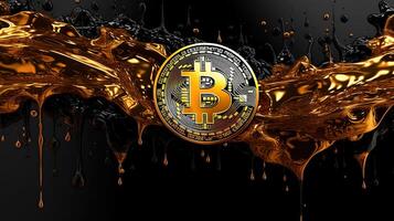 Generative AI, Bitcoin with golden yellow and black liquid, Digital Cryptocurrency coin. Mining or blockchain technology photo