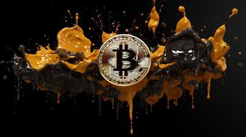 , Bitcoin with golden yellow and black liquid, Digital Cryptocurrency coin. Mining or blockchain technology photo