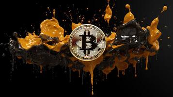 Generative AI, Bitcoin with golden yellow and black liquid, Digital Cryptocurrency coin. Mining or blockchain technology photo