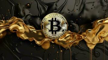 Generative AI, Bitcoin with golden yellow and black liquid, Digital Cryptocurrency coin. Mining or blockchain technology photo