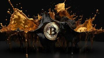 Generative AI, Bitcoin with golden yellow and black liquid, Digital Cryptocurrency coin. Mining or blockchain technology photo