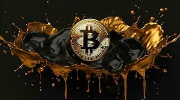 Generative AI, Bitcoin with golden yellow and black liquid, Digital Cryptocurrency coin. Mining or blockchain technology photo