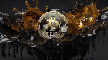 , Bitcoin with golden yellow and black liquid, Digital Cryptocurrency coin. Mining or blockchain technology photo