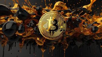 Generative AI, Bitcoin with golden yellow and black liquid, Digital Cryptocurrency coin. Mining or blockchain technology photo