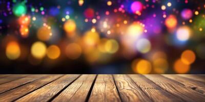 , Empty wooden table top with blurred lights bokeh background. photo