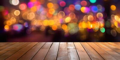 , Empty wooden table top with blurred lights bokeh background. photo