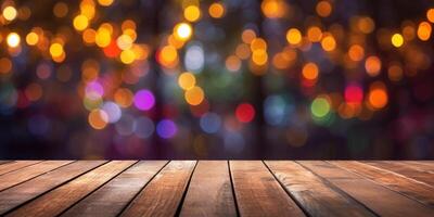 generativo ai, vacío de madera mesa parte superior con borroso luces bokeh antecedentes. foto