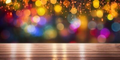 , Empty wooden table top with blurred lights bokeh background. photo
