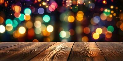 Generative AI, Empty wooden table top with blurred lights bokeh background. photo