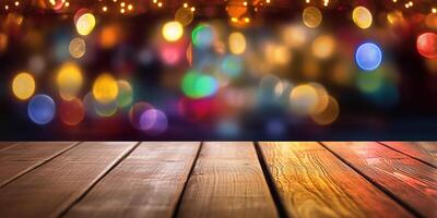 Generative AI, Empty wooden table top with blurred lights bokeh background. photo