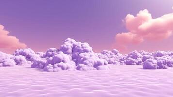 Generative AI, Purple, digital lavender color fantastic 3d clouds on the floor, sky and landscape. Gentle colors and with bright lights. photo