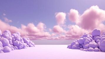 , Purple, digital lavender color fantastic 3d clouds on the floor, sky and landscape. Gentle colors and with bright lights. photo