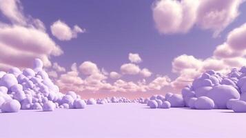 Generative AI, Purple, digital lavender color fantastic 3d clouds on the floor, sky and landscape. Gentle colors and with bright lights. photo