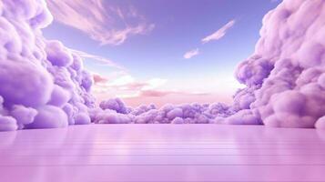 generativo ai, púrpura, digital lavanda color fantástico 3d nubes en el piso, cielo y paisaje. amable colores y con brillante luces. foto