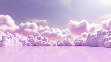 , Purple, digital lavender color fantastic 3d clouds on the floor, sky and landscape. Gentle colors and with bright lights. photo