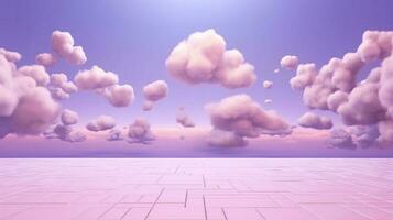 Generative AI, Purple, digital lavender color fantastic 3d clouds on the floor, sky and landscape. Gentle colors and with bright lights. photo