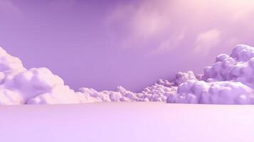 Generative AI, Purple, digital lavender color fantastic 3d clouds on the floor, sky and landscape. Gentle colors and with bright lights. photo