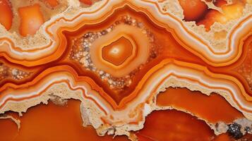 Generative AI, natural volcanic agate stones close-up light orange, apricot crush and golden texture. Wallpaper background, quartz marble, decorative rock pattern. photo