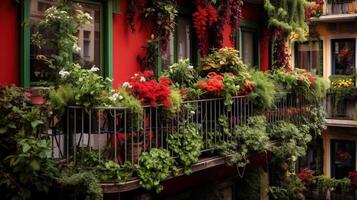 generativo ai, hermosa balcón rodeado por un tropical estilo jardín, floreciente flores y verde plantas foto