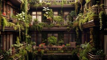 Generative AI, beautiful balcony surrounded by a tropical style garden, blooming flowers and green plants photo