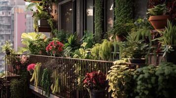 Generative AI, beautiful balcony surrounded by a tropical style garden, blooming flowers and green plants photo