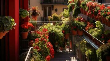 Generative AI, beautiful balcony surrounded by a tropical style garden, blooming flowers and green plants photo