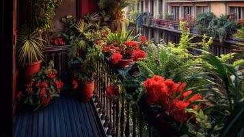 Generative AI, beautiful balcony surrounded by a tropical style garden, blooming flowers and green plants photo