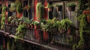 generativo ai, hermosa balcón rodeado por un tropical estilo jardín, floreciente flores y verde plantas foto