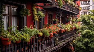 generativo ai, hermosa balcón rodeado por un tropical estilo jardín, floreciente flores y verde plantas foto