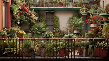 Generative AI, beautiful balcony surrounded by a tropical style garden, blooming flowers and green plants photo